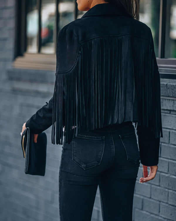 Walford Cropped Fringe Faux Suede Jacket - Black Sweaters oh!My Lady 