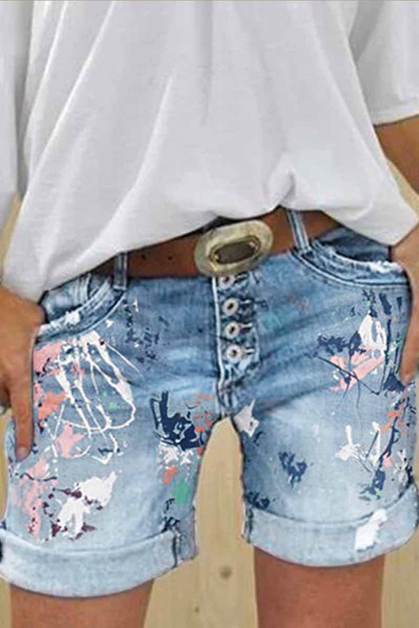 Washed Printed Casual Jeans ohmylady/Shorts OML S Light blue 