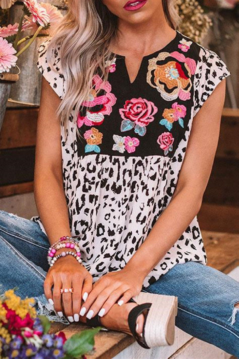 Wild Flower Embroidered Shift Top in Iced Latte ss-OTC - a1 OML 