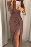 Wrap Hip Slit Collar Maxi Dresses Florcoo/Dresses OML S Brown 