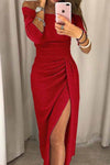 Wrap Hip Slit Collar Maxi Dresses Florcoo/Dresses OML S Red 